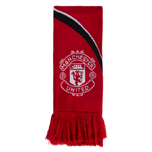 A red knitted Manchester United scarf with the white club crest in the center, a black and white diagonal stripe at the top, and red fringe at the bottom.