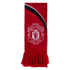 A red knitted Manchester United scarf with the white club crest in the center, a black and white diagonal stripe at the top, and red fringe at the bottom.
