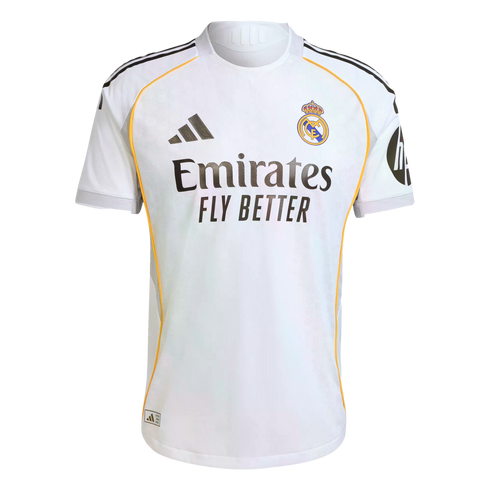 White Real Madrid home jersey featuring the club crest, Adidas logo, "Emirates FLY BETTER" sponsor, black shoulder stripes, and thin yellow-gold piping.