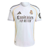 White Real Madrid home jersey featuring the club crest, Adidas logo, "Emirates FLY BETTER" sponsor, black shoulder stripes, and thin yellow-gold piping.