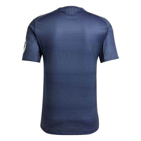Back view of a navy blue short-sleeved jersey with white shoulder stripes, neon yellow sleeve trim, and a subtle horizontal texture.