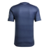 Back view of a navy blue short-sleeved jersey with white shoulder stripes, neon yellow sleeve trim, and a subtle horizontal texture.