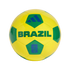 A yellow and green soccer ball is centered against a solid black background. The ball features the word "BRAZIL" in large green capital letters across its middle. Above the text is a blue Adidas logo on a green panel, and below it is a blue FIFA World Cup