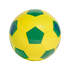 A yellow and green soccer ball centered against a solid black background. The ball features a classic pattern of green pentagonal panels and yellow hexagonal panels. A small blue logo is visible on one of the green panels on the right side. The ball has a