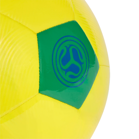 A close-up of a bright yellow soccer ball featuring a single green pentagonal panel. The green panel has a circular blue logo consisting of three swirling shapes inside concentric circles. The ball is set against a solid black background.