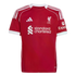 Red Liverpool FC home jersey with white Adidas stripes on shoulders, club crest, and Standard Chartered sponsor logo. White trim on the collar, sleeves, and sides.