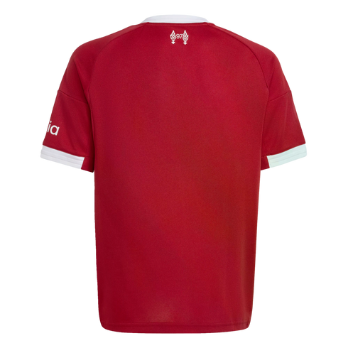 The back of a red football jersey with white trim on the collar and sleeves. A small white "97" memorial logo with flames is at the neck.
