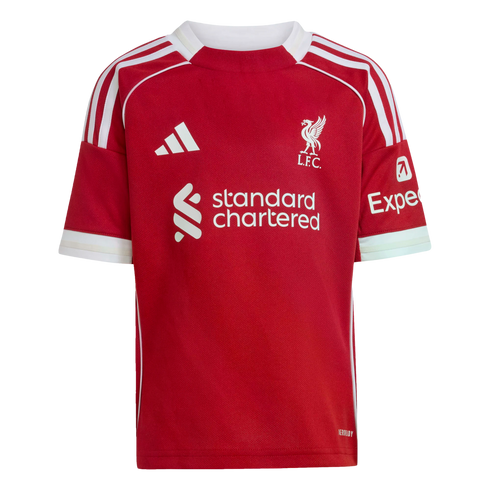Red Liverpool F.C. Adidas home soccer jersey with white stripes and sponsor logos.