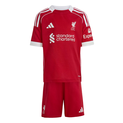 Children’s red Liverpool F.C. home football kit, featuring a short-sleeved jersey and matching shorts with white Adidas stripes, team crest, and sponsor logos.
