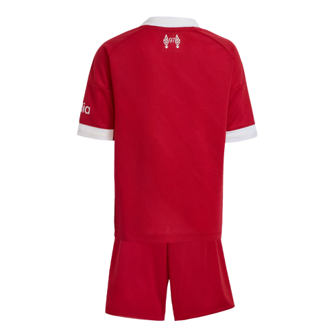 Rear view of a red soccer kit. The jersey features a white collar and cuffs, with a '97' memorial flame logo on the upper back. Includes matching red shorts.
