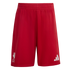 Red athletic shorts featuring a white Liverpool F.C. crest on the right leg and a white Adidas logo on the left leg, shown against a black background.