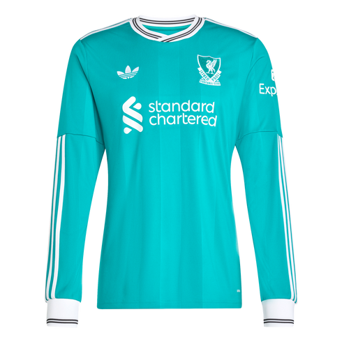 A teal long-sleeved Liverpool F.C. jersey with white striped trim, featuring the Adidas logo, club crest, and Standard Chartered sponsor.