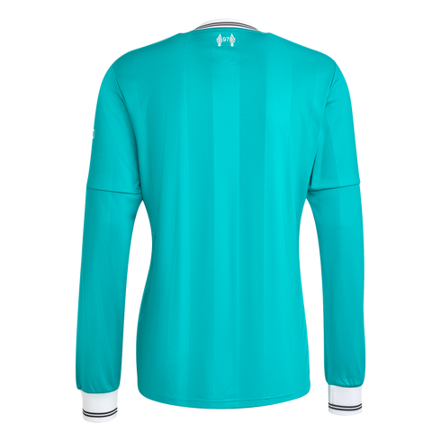 Back of a teal long-sleeved jersey with subtle vertical stripes, white and black striped collar and cuffs, and a small '97' memorial emblem on the back neck.