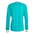 Back of a teal long-sleeved jersey with subtle vertical stripes, white and black striped collar and cuffs, and a small '97' memorial emblem on the back neck.