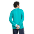 Back view of a person in a long-sleeved teal athletic jersey with white striped trim, standing with hands behind their back on a white background.