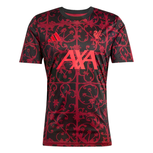 A black Liverpool FC soccer jersey with an intricate red scrollwork pattern, featuring red Adidas, LFC crest, and AXA sponsor logos.