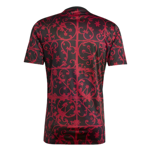 Back of a black short-sleeved jersey featuring a complex red ornate scrollwork pattern arranged in a grid across the entire fabric.