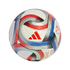 White adidas MLS soccer ball featuring red and blue swirling ribbon patterns and printed geographic coordinates.