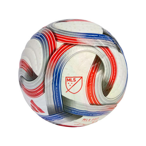 An Adidas MLS Pro official match soccer ball featuring white, red, blue, and silver graphic patterns and coordinates, centered on a black background.
