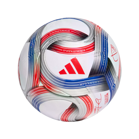 White Adidas soccer ball with red, blue, and silver curved patterns and coordinates. Features a red Adidas logo and the MLS logo against a black background.