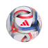 White Adidas soccer ball with red, blue, and silver curved patterns and coordinates. Features a red Adidas logo and the MLS logo against a black background.