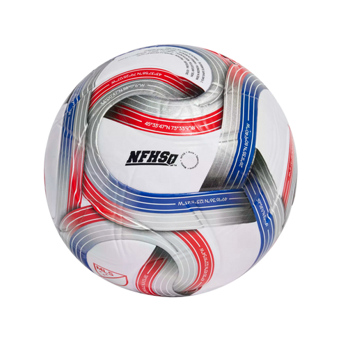 White soccer ball with silver, red, and blue curved stripes, featuring NFHS and MLS logos and geographic coordinates printed along the patterns.
