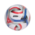 White soccer ball with silver, red, and blue curved stripes, featuring NFHS and MLS logos and geographic coordinates printed along the patterns.