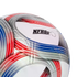 Close-up of a soccer ball with red, blue, and silver striped designs on white panels, featuring geographic coordinates and the NFHS logo.