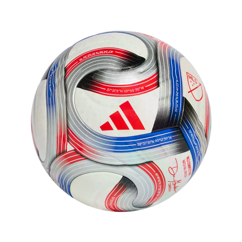 White Adidas MLS soccer ball with red, blue, and silver curved patterns featuring geographic coordinates.