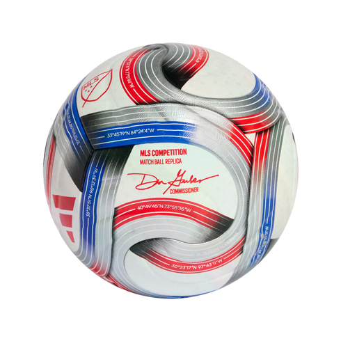 Adidas MLS soccer ball replica with red, blue, and silver curved patterns, the MLS logo, and commissioner Don Garber's signature.