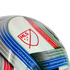 Close-up of a textured soccer ball featuring the red MLS logo and geographic coordinates printed on blue and red stripes.