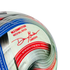 Close-up of an MLS match ball replica soccer ball featuring Commissioner Don Garber's signature and geographic coordinates on a silver, red, and blue graphic panel.