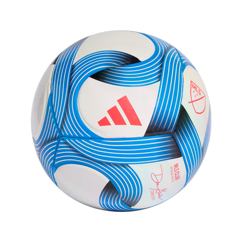White Adidas MLS soccer ball with blue ribbon patterns and red logos on a black background.
