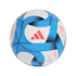 White Adidas MLS soccer ball with blue ribbon patterns and red logos on a black background.