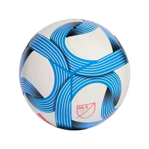 White soccer ball with curved blue striped patterns and a red MLS logo, set against a black background.