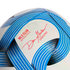 Close-up of an MLS soccer ball replica with blue curved graphics and a red signature from Commissioner Don Garber.