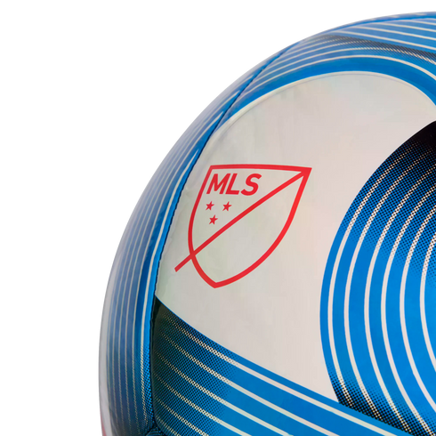 Close-up of a blue and white patterned soccer ball featuring the red Major League Soccer (MLS) crest logo on a white panel.