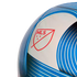 Close-up of a blue and white patterned soccer ball featuring the red Major League Soccer (MLS) crest logo on a white panel.