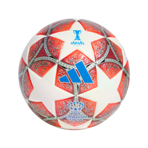 Adidas UEFA Women's Champions League Oslo 26 Final mini replica soccer ball with white, red, and silver star-patterned graphics.