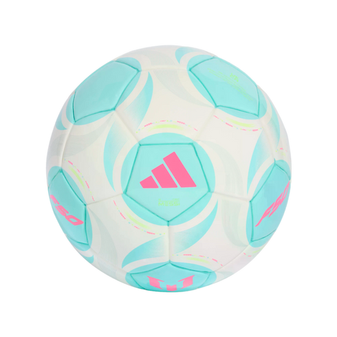 White, teal, and pink Adidas soccer ball with Messi and F50 branding, centered on a black background.