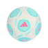 White, teal, and pink Adidas soccer ball with Messi and F50 branding, centered on a black background.