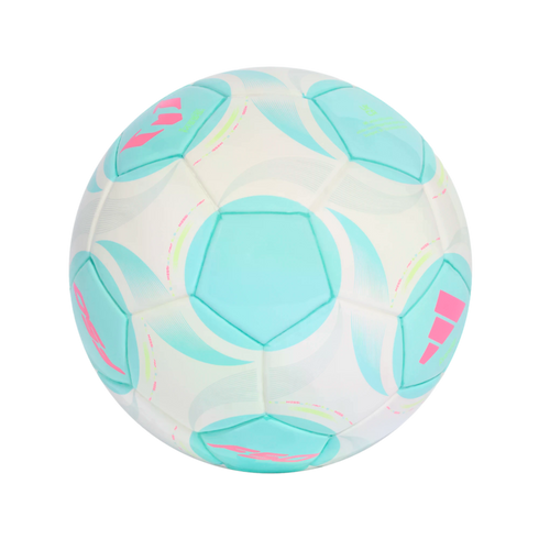 A white soccer ball featuring light blue geometric patterns and vibrant pink accents, including the Adidas logo and F50 branding.