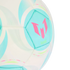 Close-up shot of a white and turquoise soccer ball featuring a bright pink Lionel Messi logo and lime green text accents.