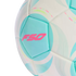 A close-up of a white and turquoise soccer ball featuring a large pink "F50" logo and "MESSI" branding along the seams.