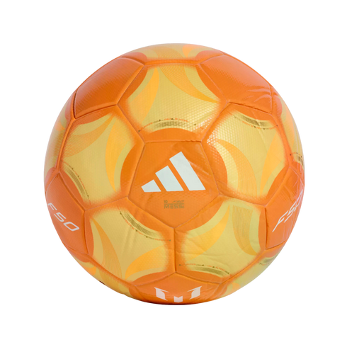 An orange and yellow Adidas soccer ball featuring a white Adidas logo in the center, with "F50" and "MESSI" branding.