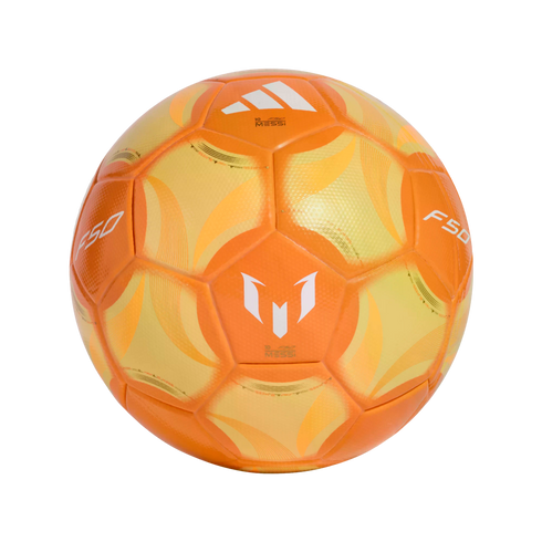 A soccer ball featuring orange and yellow panels and white logos, including the Adidas three-stripe logo and the Lionel Messi "M" branding, against a solid black background.