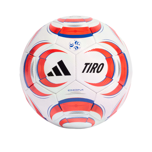 A white Adidas Tiro soccer ball featuring orange-red and blue graphic accents, centered against a solid black background.