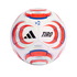 A white Adidas Tiro soccer ball featuring orange-red and blue graphic accents, centered against a solid black background.