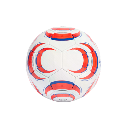 A white soccer ball with red and blue curvilinear patterns, isolated against a solid black background.