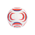 A white soccer ball with red and blue curvilinear patterns, isolated against a solid black background.